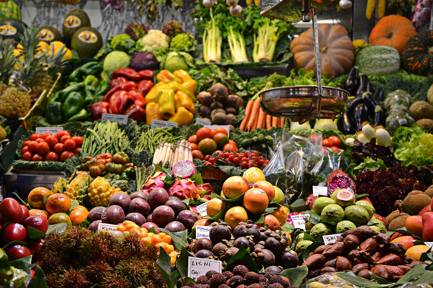 Fresh produce arranged at a farmers market